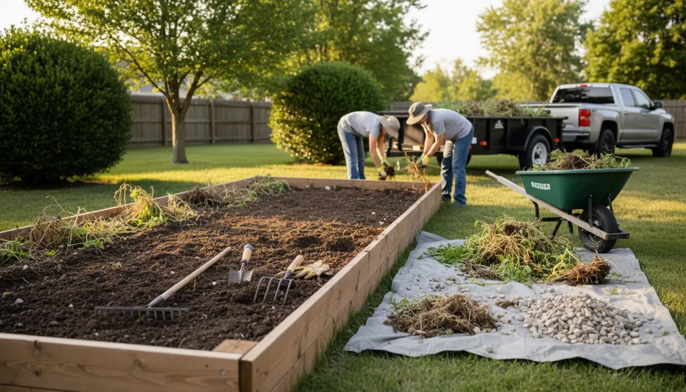 Nyryddet bed med bunker af ukrudt, trillebør, skovl og to store træer tilbage.
