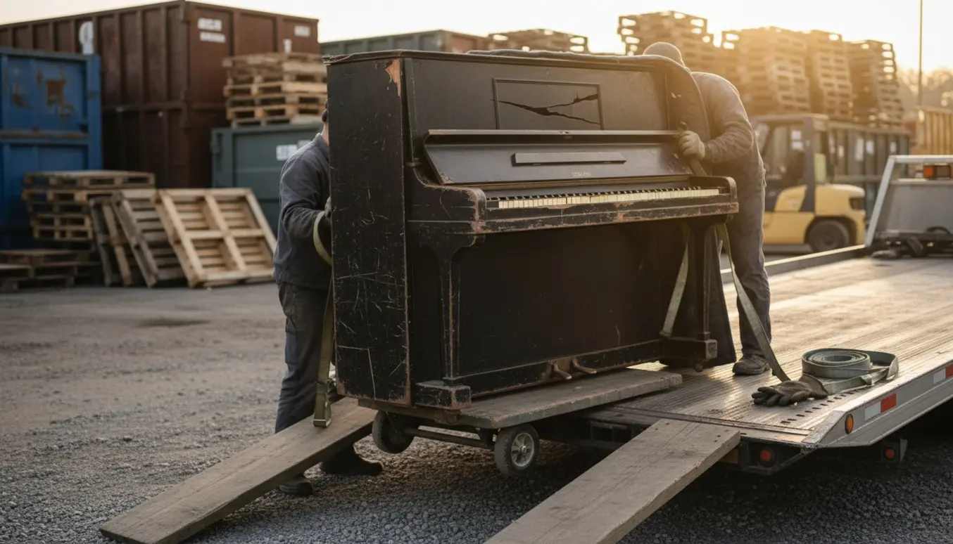 Et gammelt klaver sikres med tæpper og stropper på ladet ved en genbrugsplads.