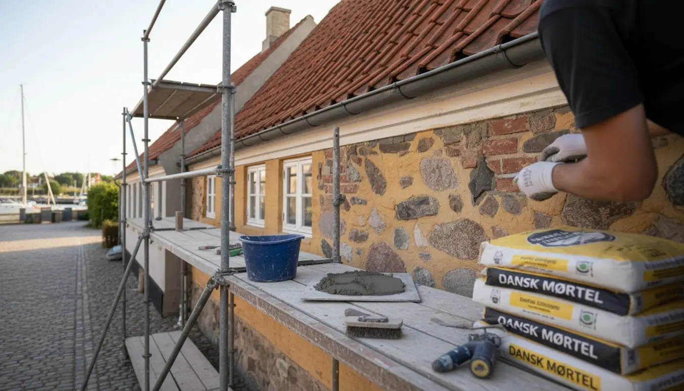 Nærbillede af omfugning på et on-sidet hus på Ærø med stillads, mørtel og værktøj.