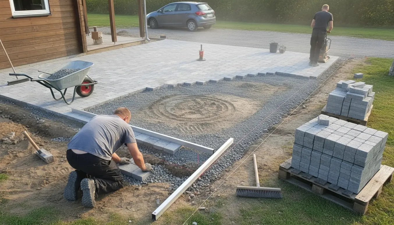 Parkeringsareal ved et sommerhus under etablering med grå herregårdssten, lag af stabilt grus og værktøj synligt.