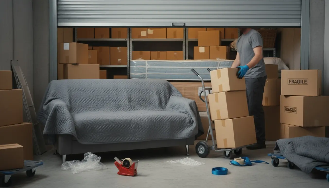 Flyttekasser og pakkede møbler læsses ind i et depotrum med flyttetæpper og håndtruck.