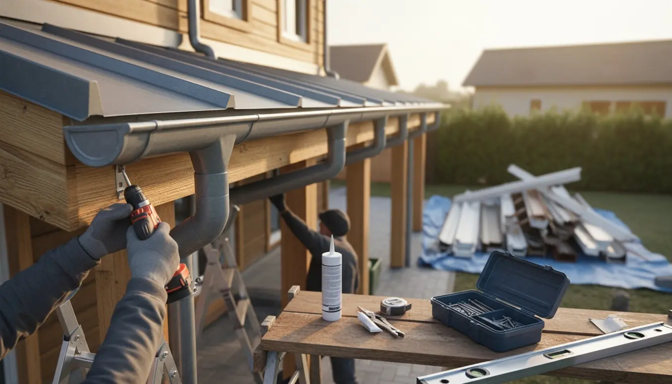 Udskiftning af gammel tagrende med nye zinksektioner langs husets tagrende, med stige, stillads og værktøj.