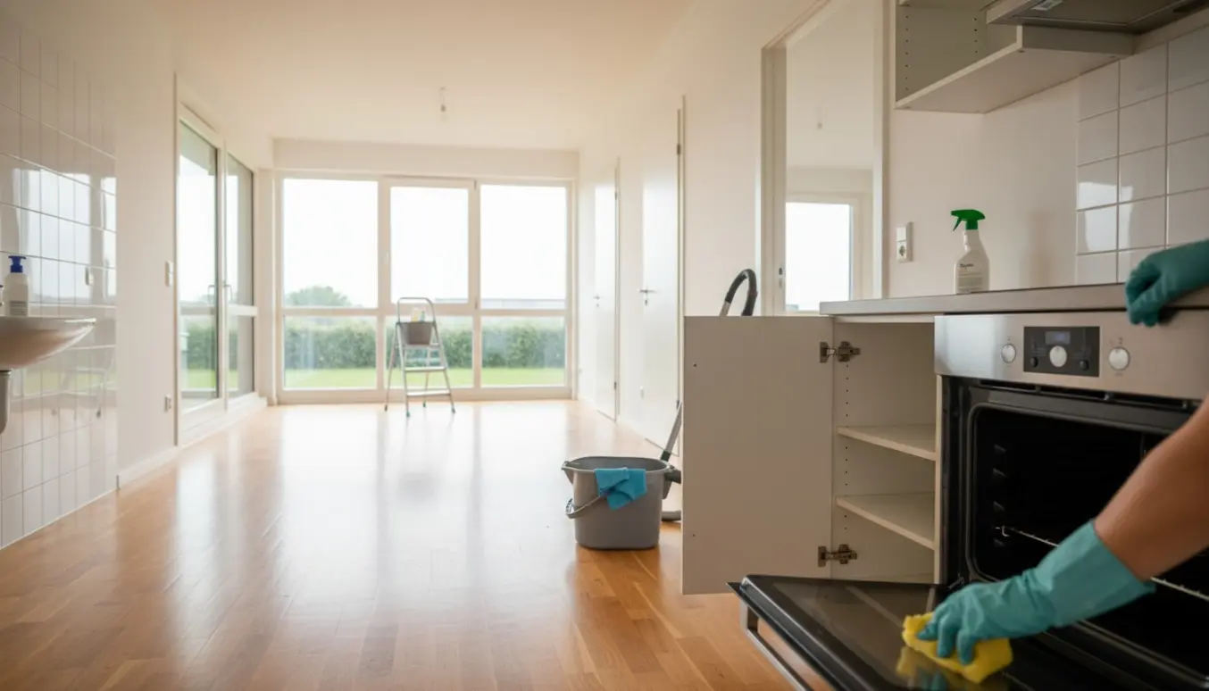 Flytterengøring i en lys lejlighed med handsker, støvsuger, moppe og rengjorte skabe og vinduer.