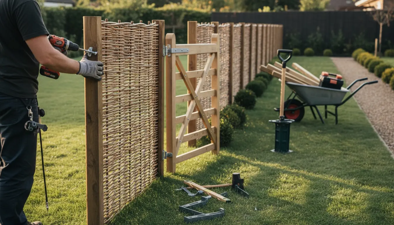 Montering af ca. 15 m kastaniehegn på stolper med påsætning af låge i en have.