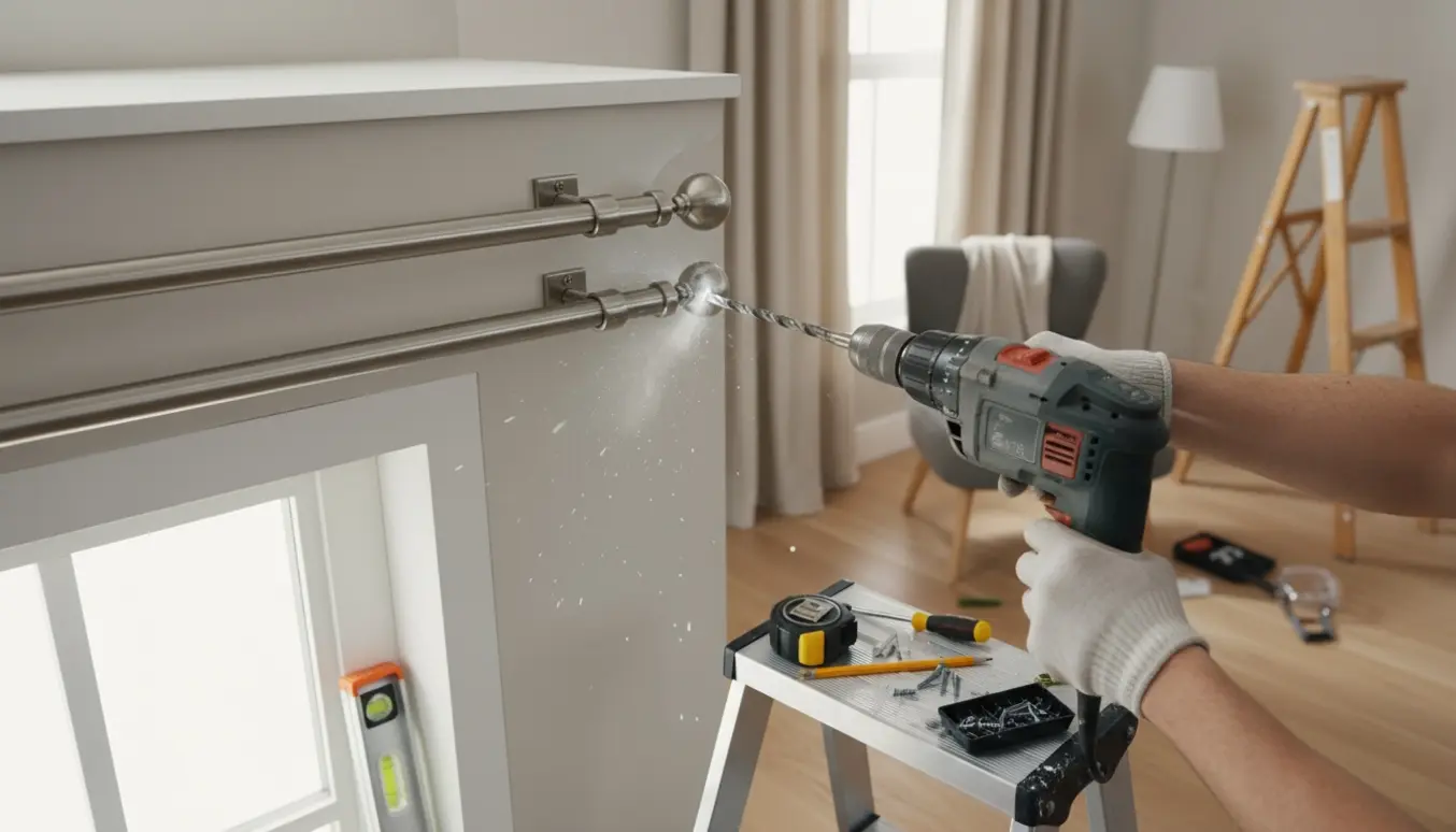 Hænder monterer en dobbelt gardinstang over et vindue med boremaskine og værktøj.
