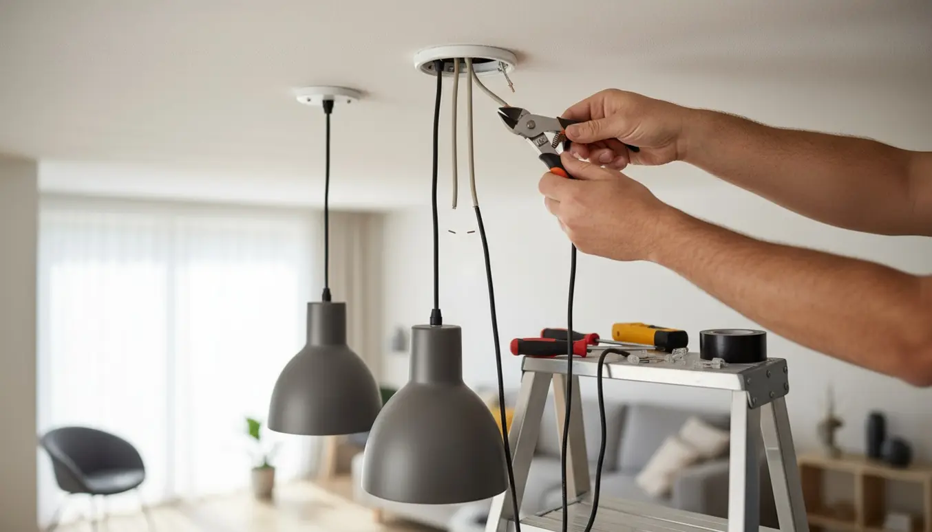 Hænder klipper og tilslutter ledning til to loftlamper med professionelt værktøj, uden tydelige ansigter.