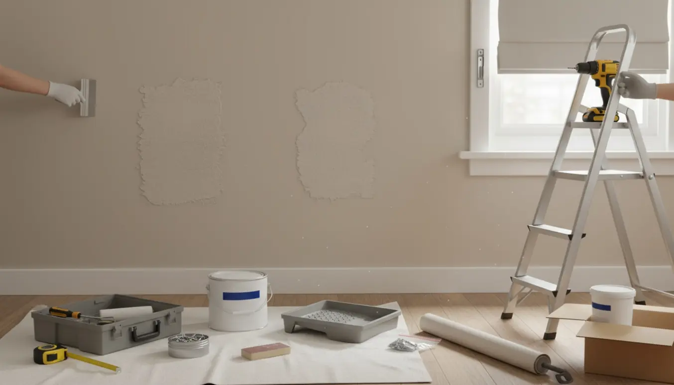 Værktøj, spartel og et halvmonteret rullegardin ved en væg, klar til reparation og opsætning.