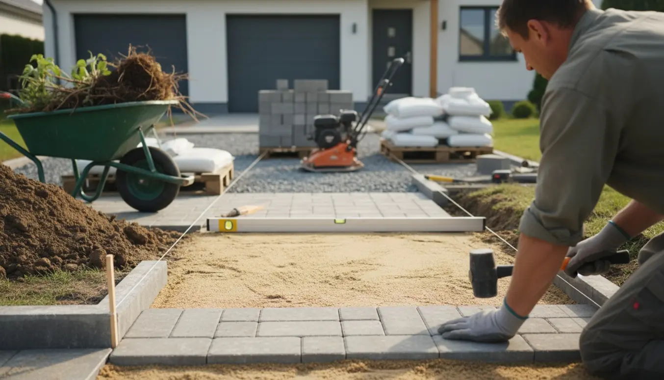Forsidefoto af forhave og indkørsel under genetablering med fliser, sand, grus og værktøj.
