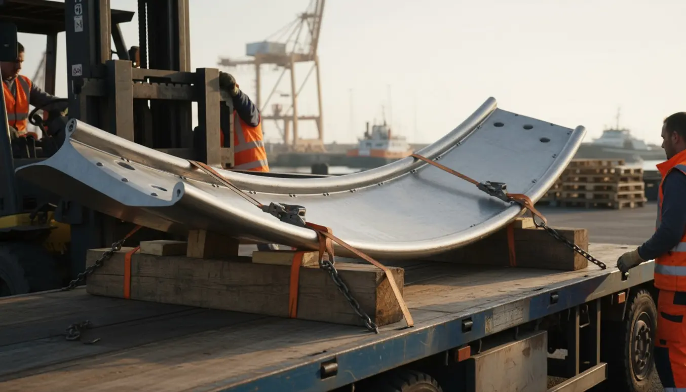 Stålskinne til rutsjebane læsses på en fladvogn ved en havn/lagerplads, klar til transport.