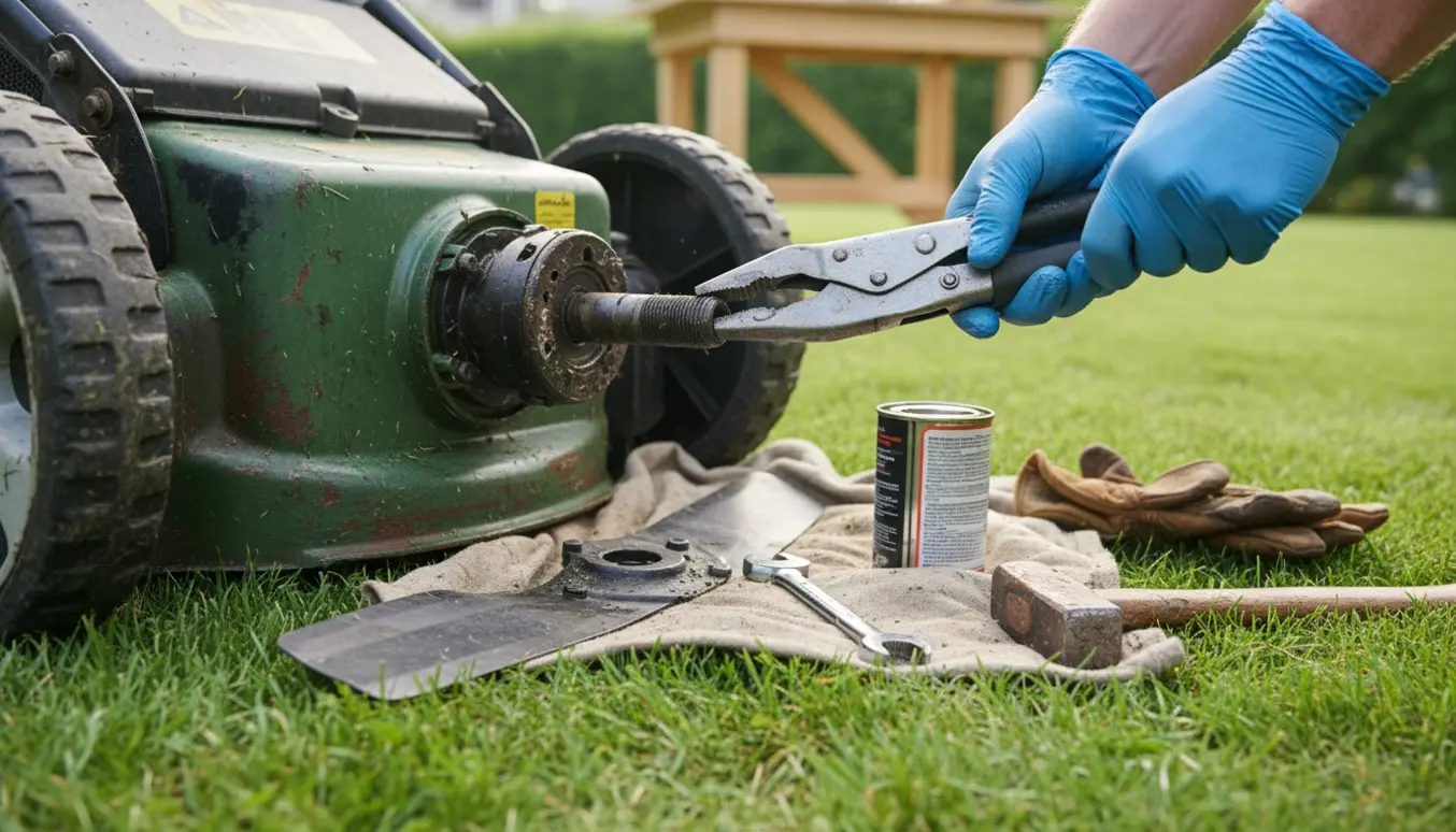Undersiden af en plæneklipper vendt opad med afmonteret klinge, rundet møtrik og værktøj klar.