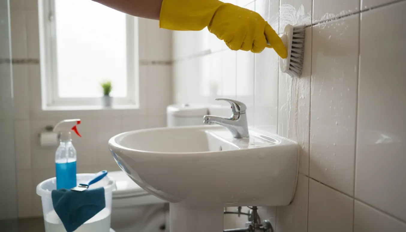 Hænder i gummihandsker skrubber fliser og fuger ved vasken i et lille badeværelse.