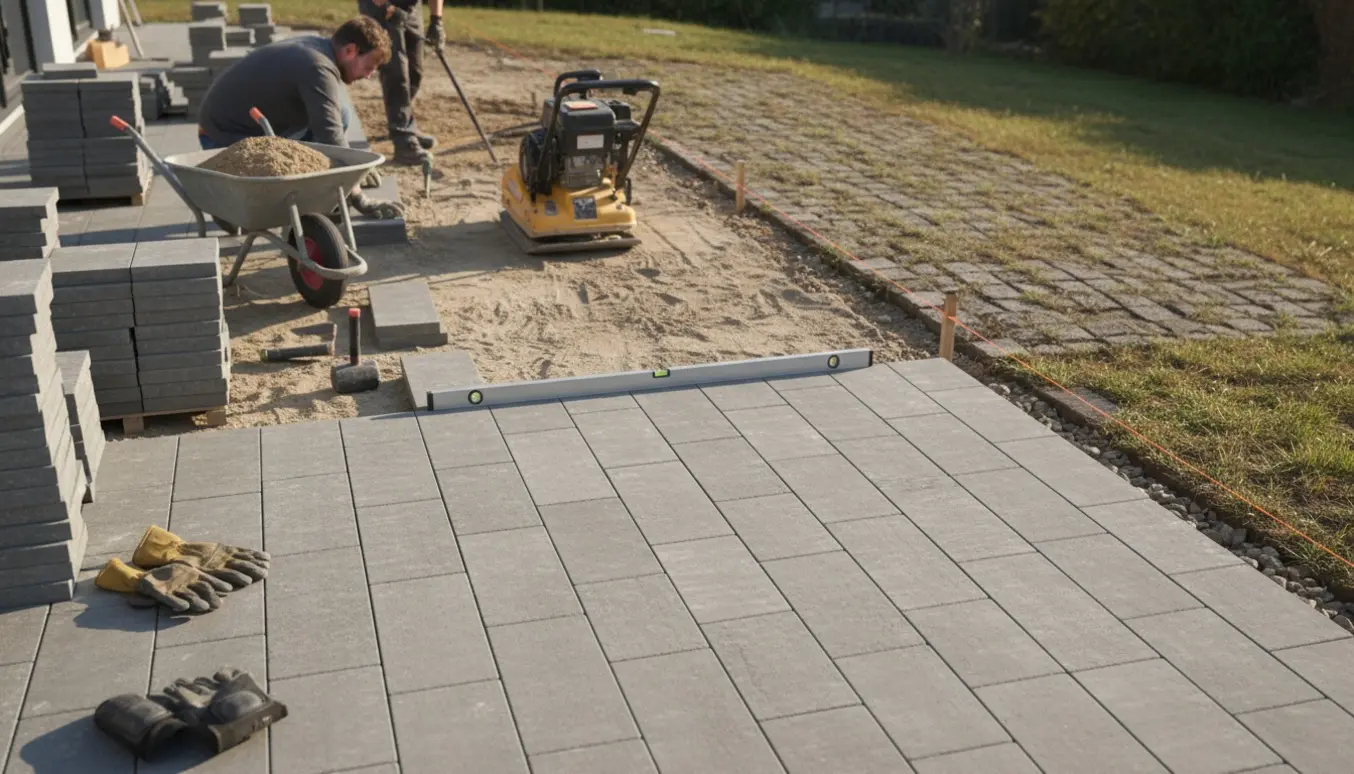 Renovering af skrånende terrasse med 30x60 cm fliser, hvor nye sten lægges ved siden af en sænket, ujævn sektion.