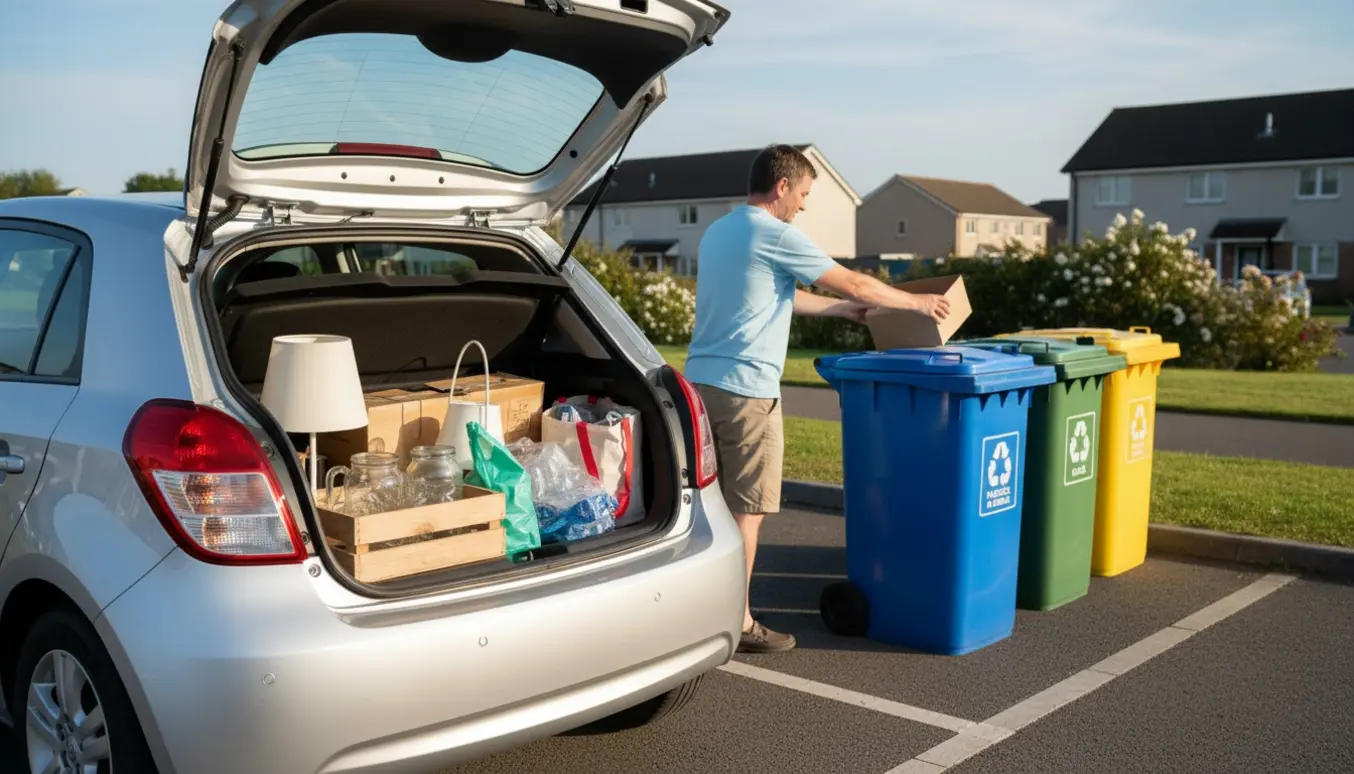 Åben bilbagagerum ved en lokal genbrugsplads med små kasser og poser, hvor en person lægger lette genstande i en container.