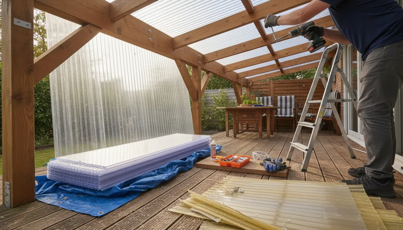 Udskiftning af plasttag på en overdækket træterrasse med nye gennemsigtige tagpaneler og værktøj.