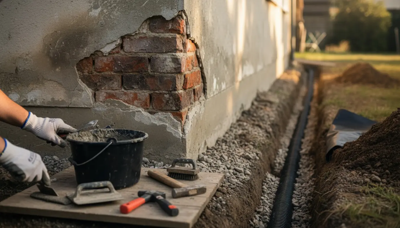 Nærbillede af reparation af fundamentsmur med afskallet puds og åben drængrøft med værktøj.