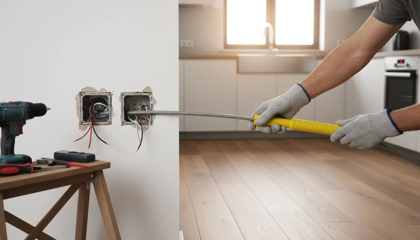 Hænder trækker elkabel gennem en åben væg ved en frakoblet stikkontakt mellem soveværelse og køkken.