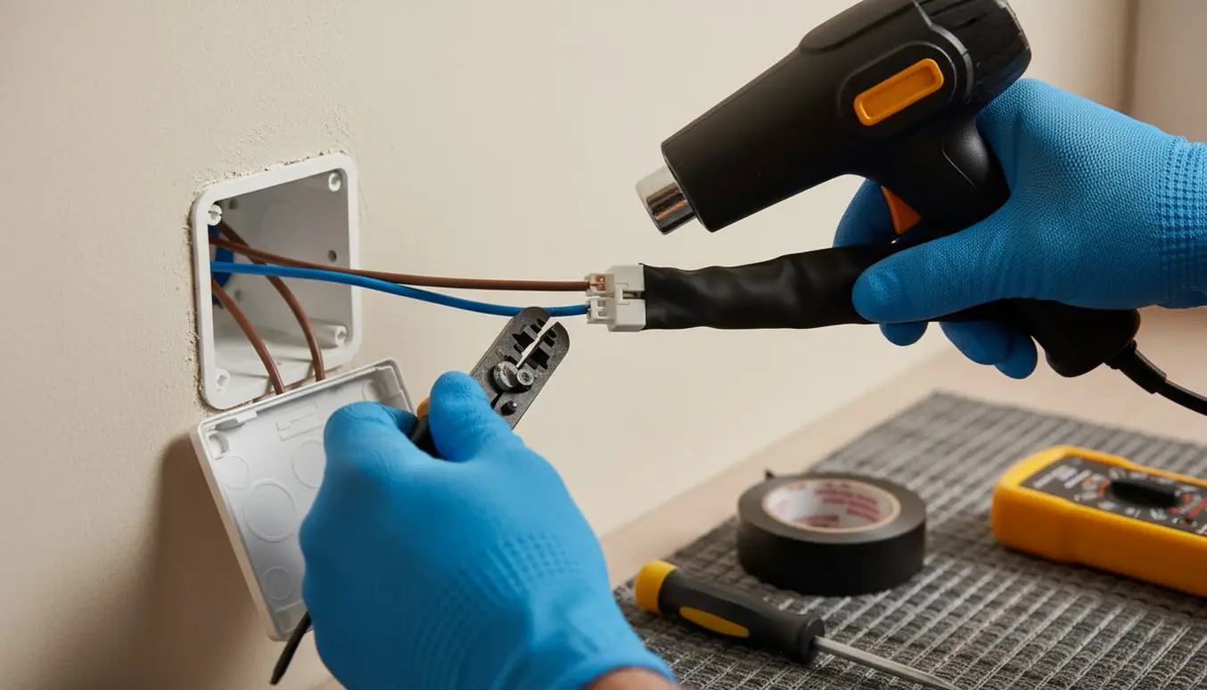 Nærbillede af hænder, der forlænger to elledninger fra en åben samleboks med isolerede samlinger og værktøj.