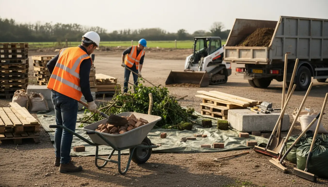 To arbejdere i sikkerhedsudstyr rydder bygge- og haveaffald på en stor åben grund og laster det i en trailer.