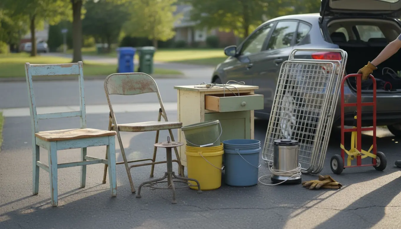 Husholdningsgenstande til bortskaffelse på en indkørsel med stole, lille skab, plastikspande, juletræsfod, køkkenapparat og metalgitterreol.