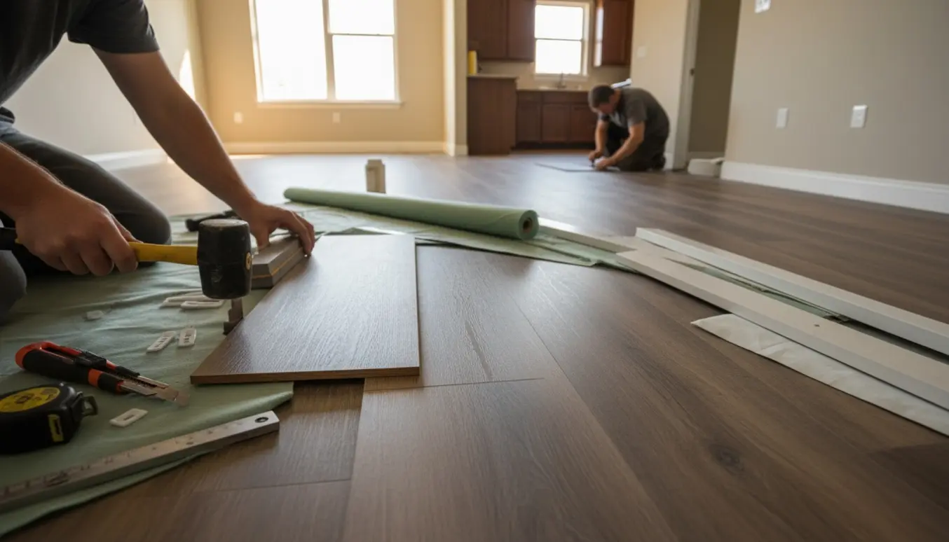 Hænder lægger vinylplanker i en åben bolig med værktøj og lister klar langs væggen.