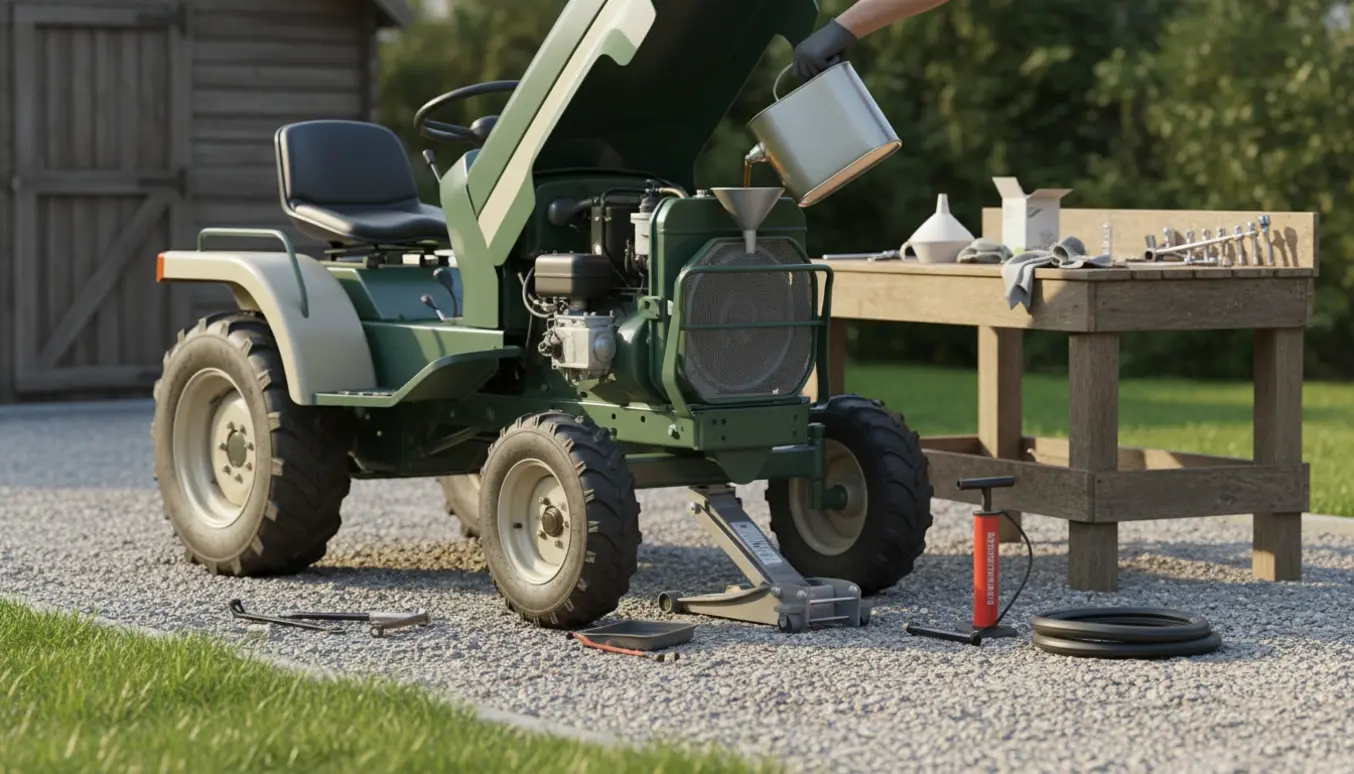 Have traktor serviceres med oliepåfyldning og lappet punkteret hjul, hænder arbejder uden synligt ansigt.