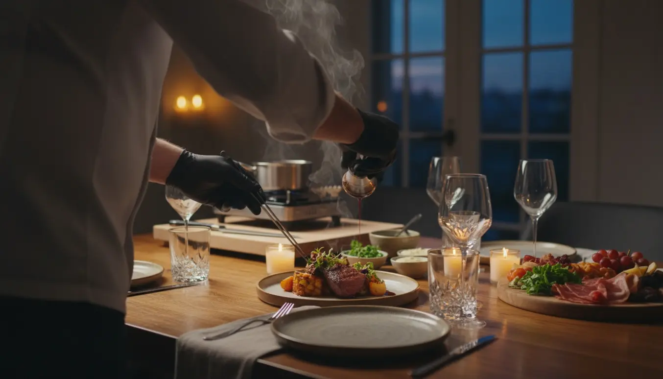 Privat kok anretter en intim middag for fem ved et elegant hjemligt spisebord.