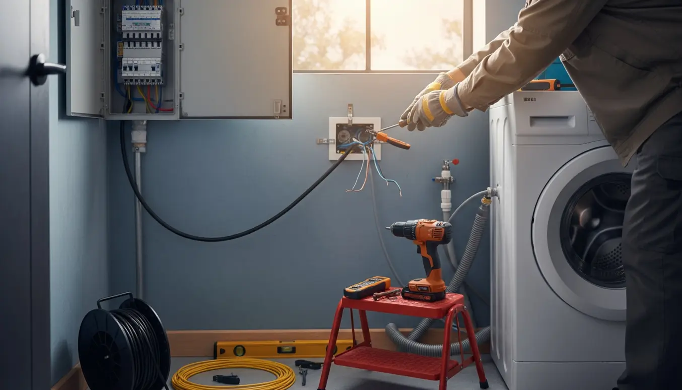 Elektriker fører kabel fra eltavle og monterer en stikkontakt ved vaskemaskinen i et vaskerum.