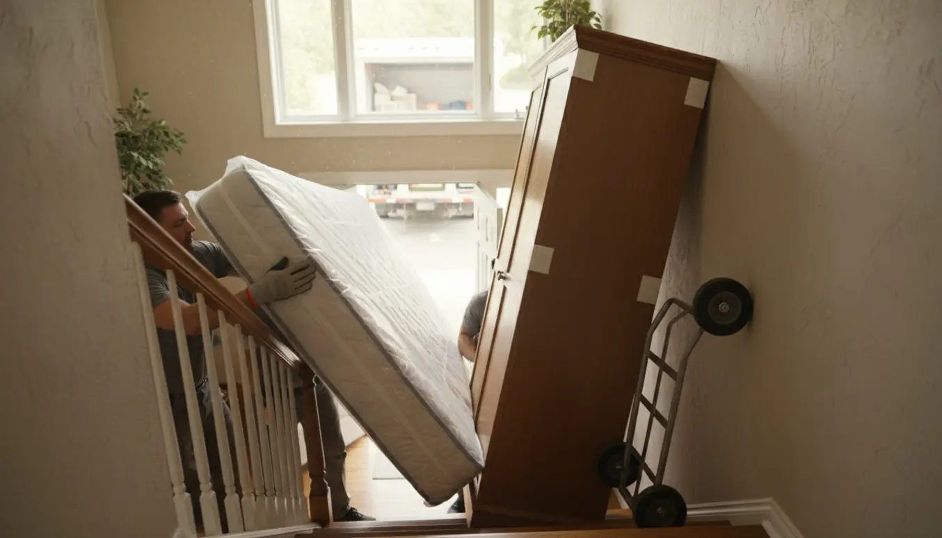 Flyttefolk bærer en indpakket vandseng og et træklædeskab ned ad en lys trappeopgang.