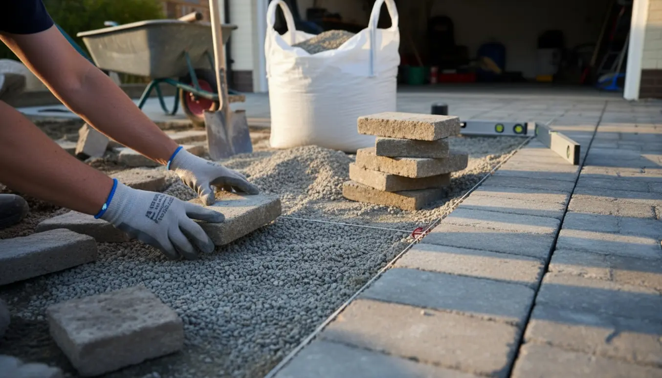 Genopbygning af en garagenedkørsel med genbrugte sten, bigbag af afretningsgrus og værktøj.