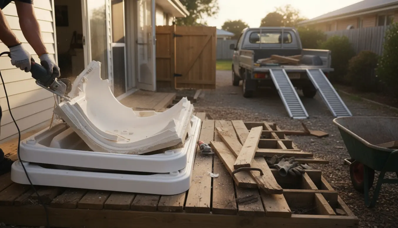 Udespa skåret i stykker ved en delvist fjernet træterrasse, klar til bortkørsel.