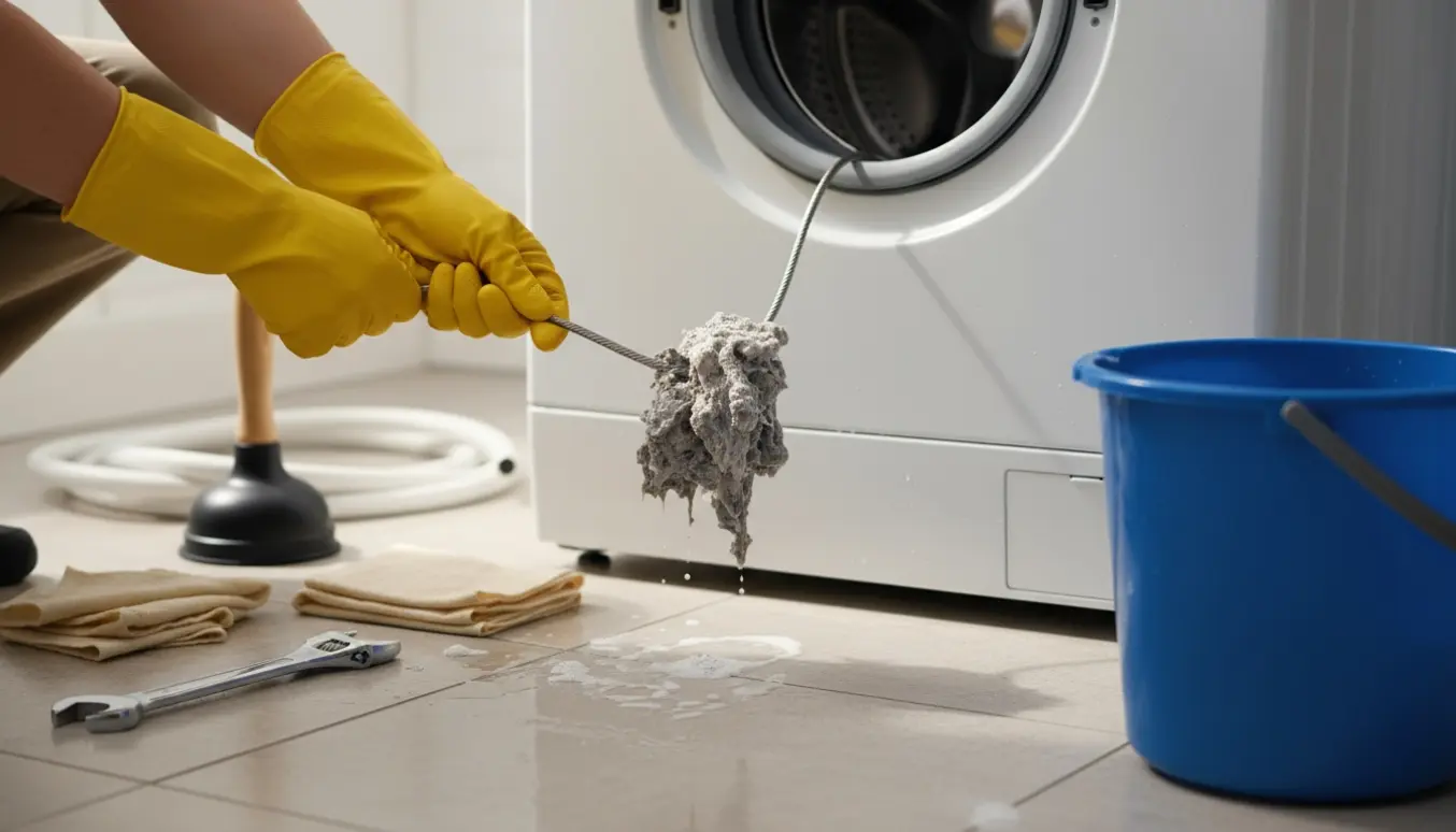 Hænder i arbejdshandsker trækker en afløbsslange med fnug ud fra en vaskemaskine i et lyst bryggers.