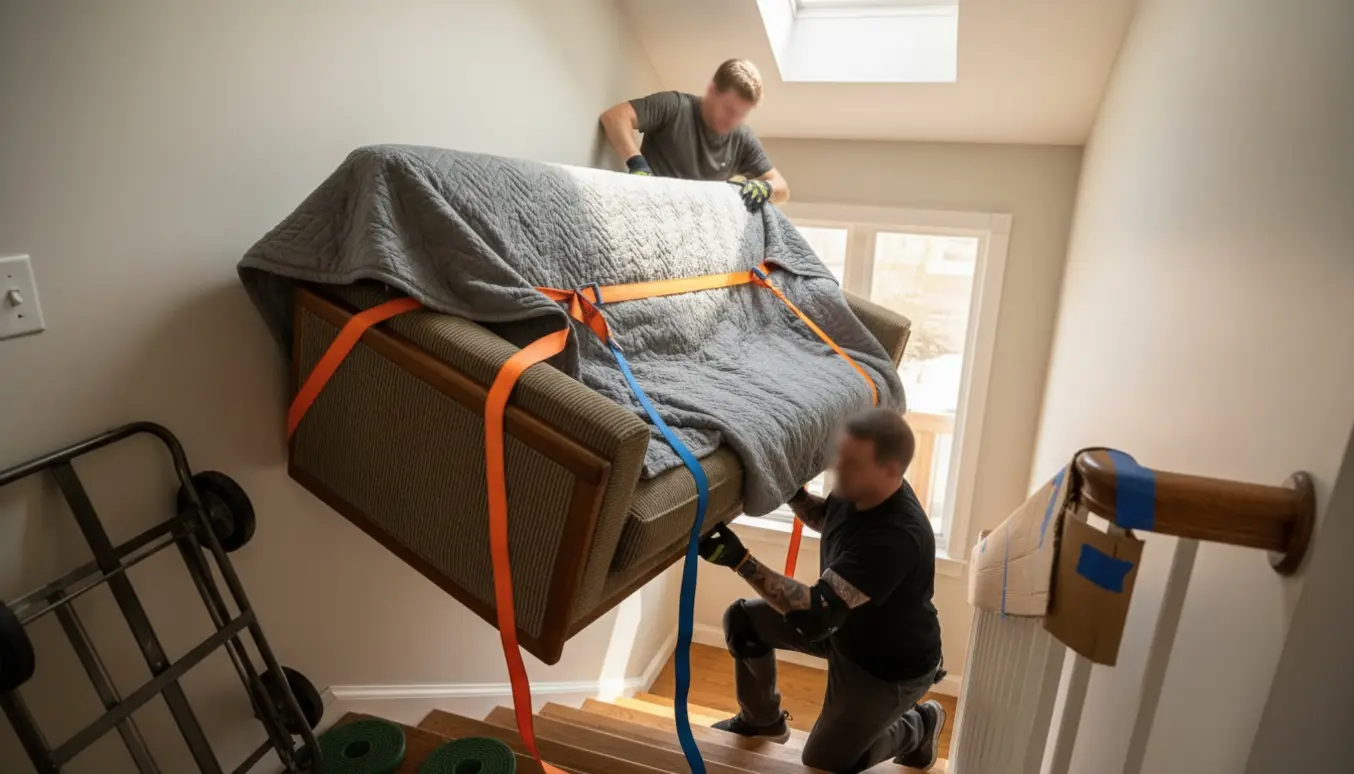 To personer bærer en stor sofa ned ad en trappe med beskyttende tæpper og stropper.