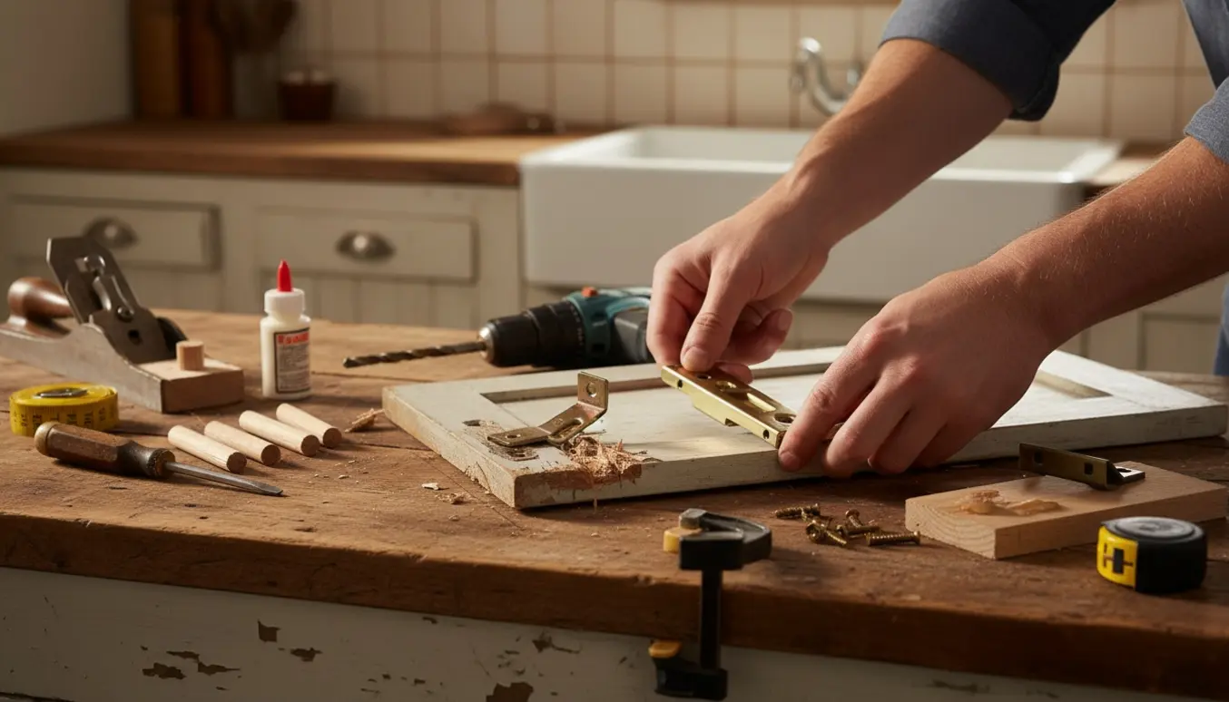 Nærbillede af et gammelt køkkenskab med løs hængsel, værktøj og dør klar til reparation.