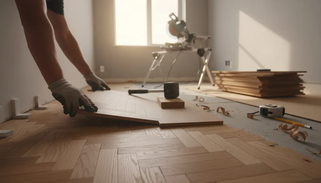 Hænder gør klar til at lægge parketgulv i et lyst rum med værktøj og træstøv.