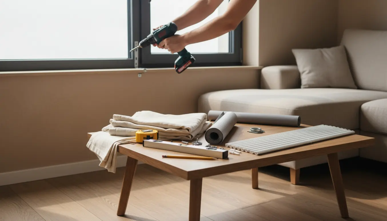 Nærbillede af hænder, der monterer en gardinstang over et vindue med værktøj og gardiner klar.