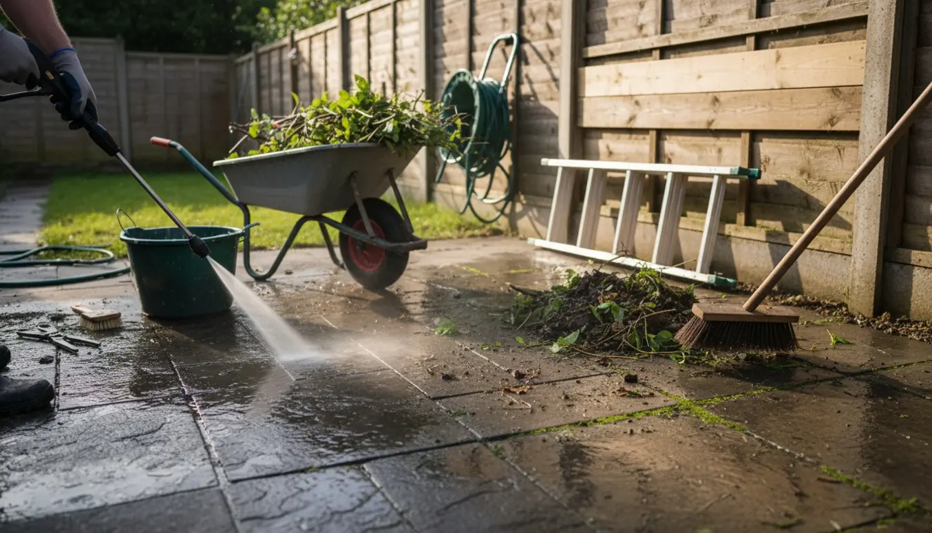 Lille have og terrasse med rengjorte fliser, værktøj og delvist repareret hegn.
