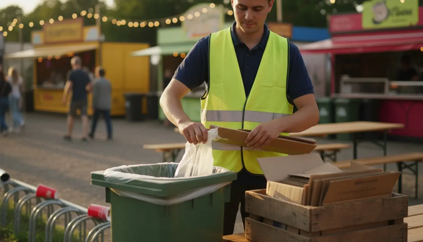 En arbejdstager tømmer en skraldespand og folder pap på en pæn, solbelyst festivalplads med slørede gæster i baggrunden.