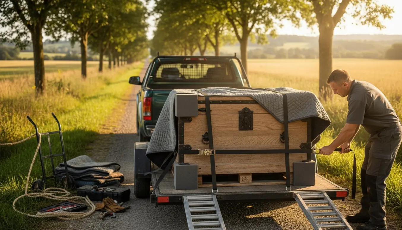 Stor trækiste fastgjort på trailer klar til transport langs en landevej.