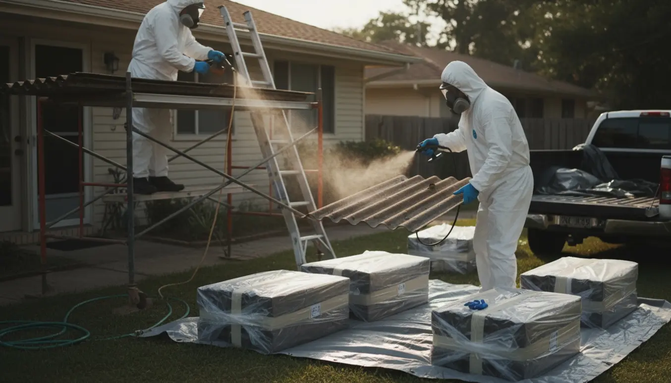 Håndværkere i beskyttelsesdragter indpakker og fjerner asbestholdige tagplader ved et parcelhus.