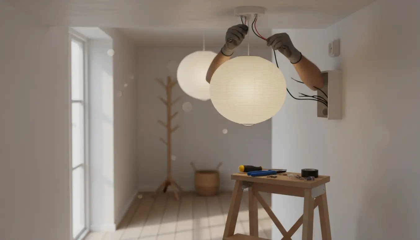 To rislamper i en lys skandinavisk gang, hvor en hånd tilslutter ledninger ved loftet.