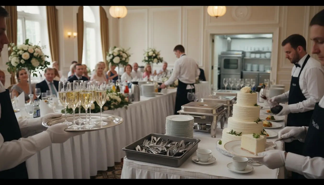 Serveringspersonale serverer velkomstdrinks, bryllupskage og buffet med køkken og industrimaskine i baggrunden.