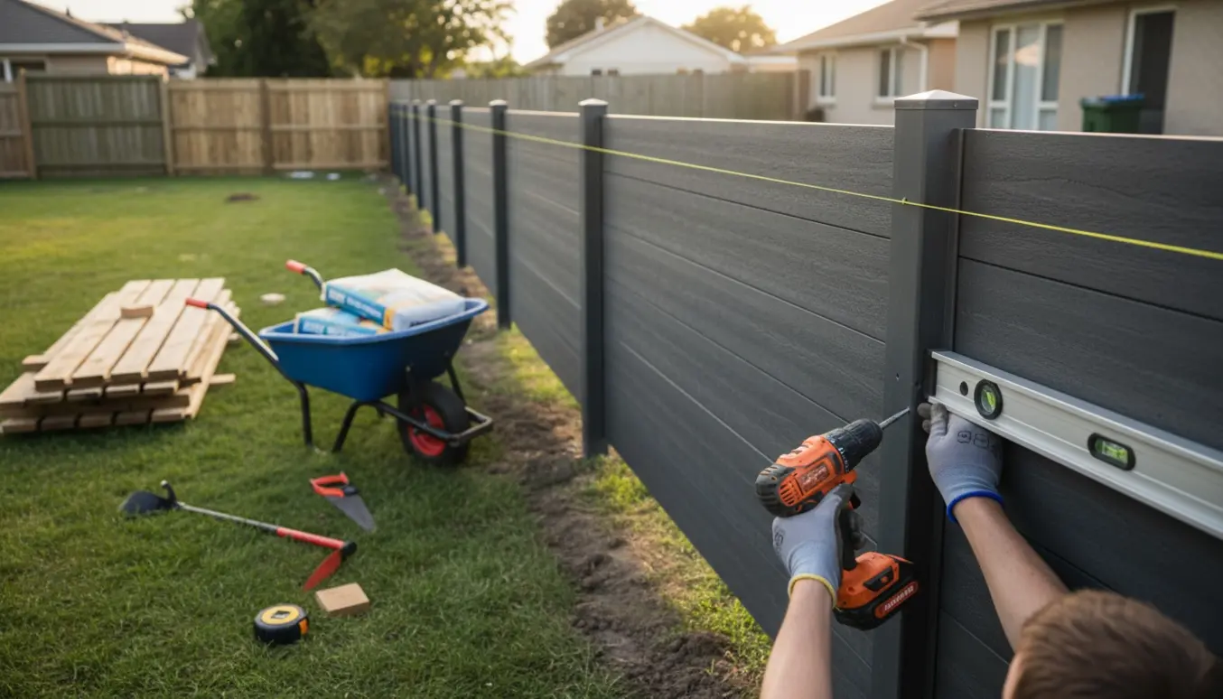 Udskiftning af gammelt lamelhegn med nyt mørkt komposithegn i en villahave, håndværkeres hænder monterer paneler.