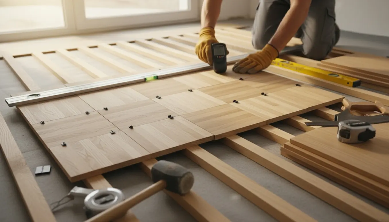 Tømrer måler og vurderer strøer og undergulv ved nylagt egetræsparket i et lyst rum.