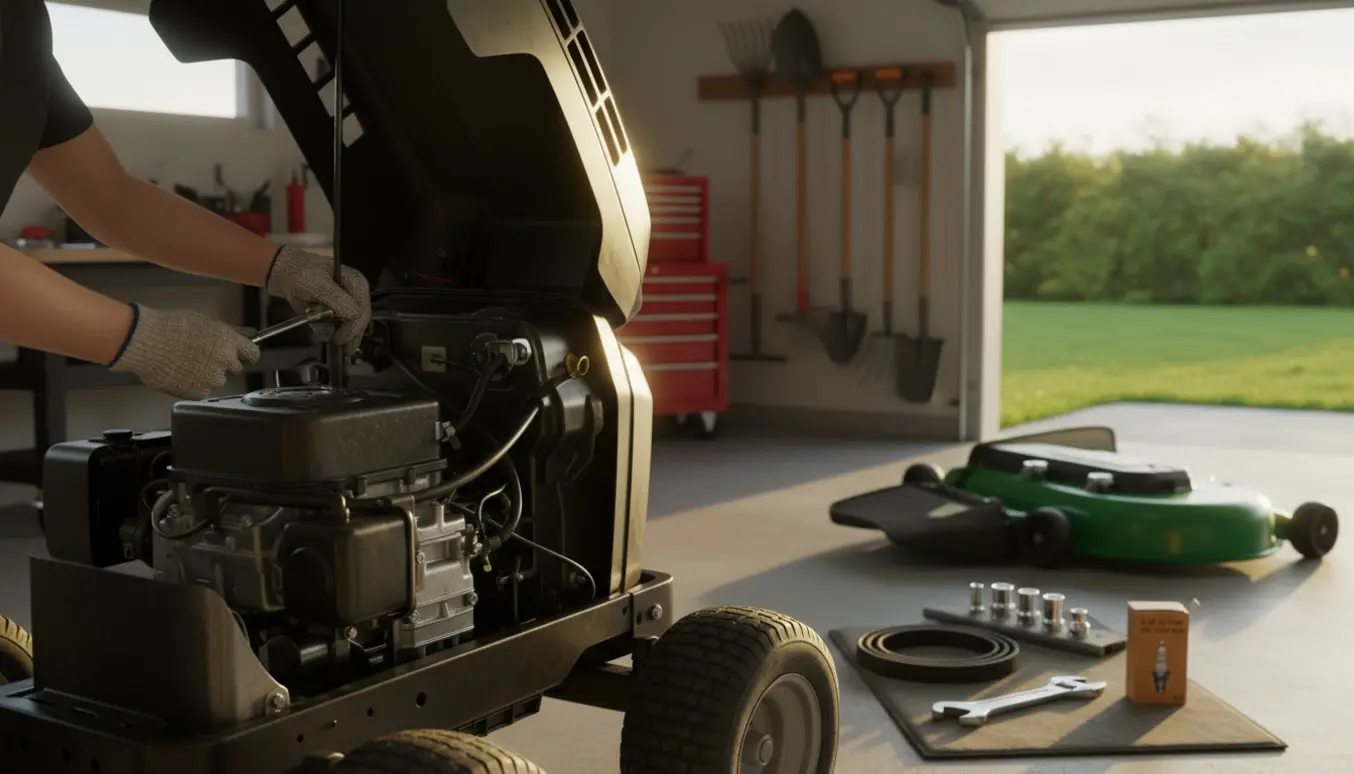 Havetraktor med åbent motordæksel og handsker der arbejder med værktøj i en lys garage.
