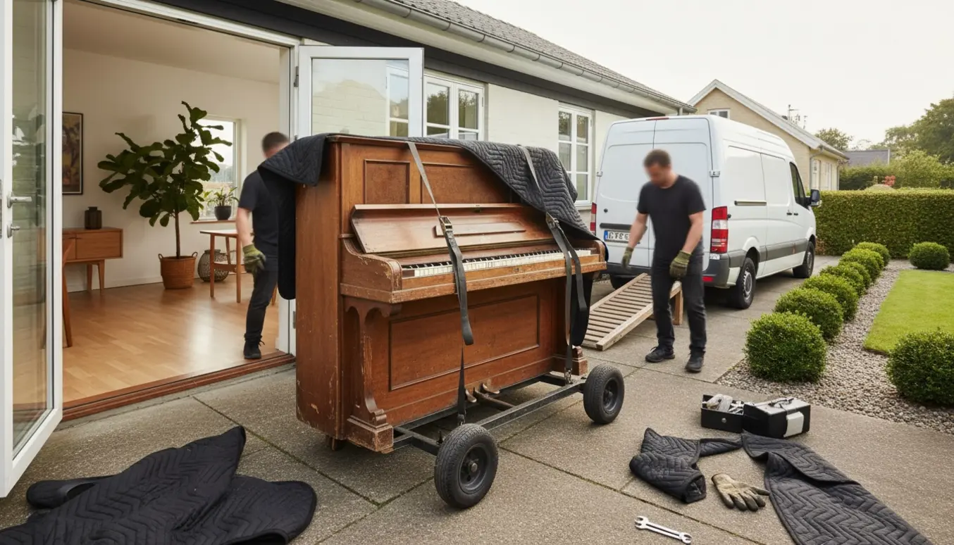 Et 150 år gammelt klaver pakkes og flyttes ud af en villa på vej til afhentning.