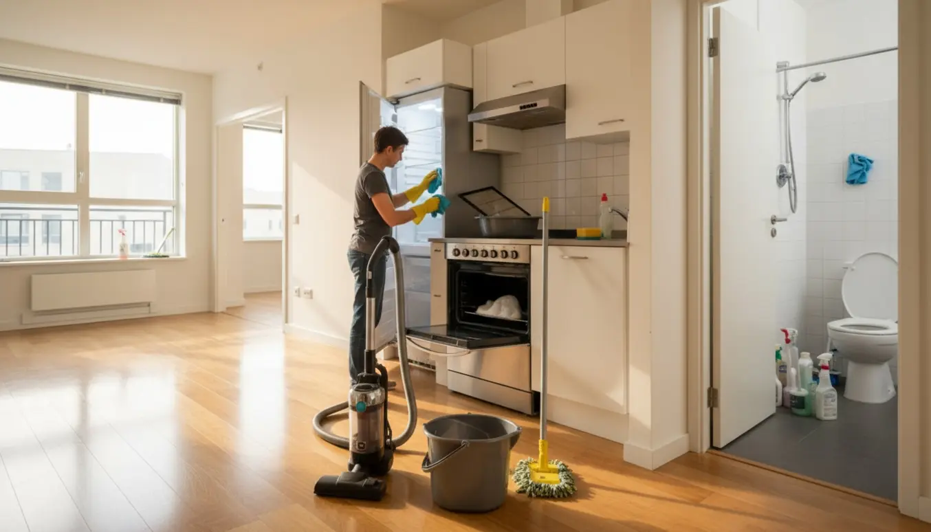 Soloplyst lejlighed under fraflytningsrengøring med åben ovn, rengøringsudstyr og nyvasket gulv.