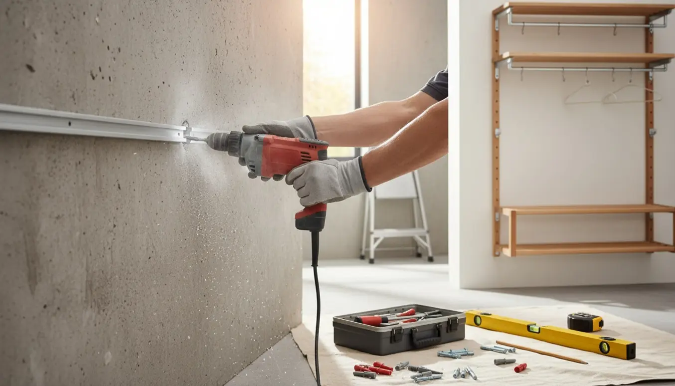 Hænder monterer en metalskinne på en betonvæg med borehammer, mens hylder, skruer og rawlplugs ligger klar i entréen.