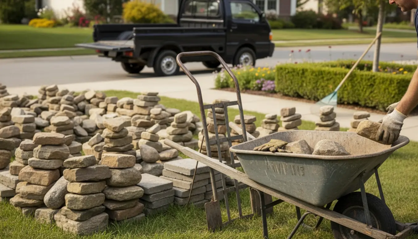 Bunke marksten og havefliser ved rabatten med trillebør og varebil klar til bortkørsel.