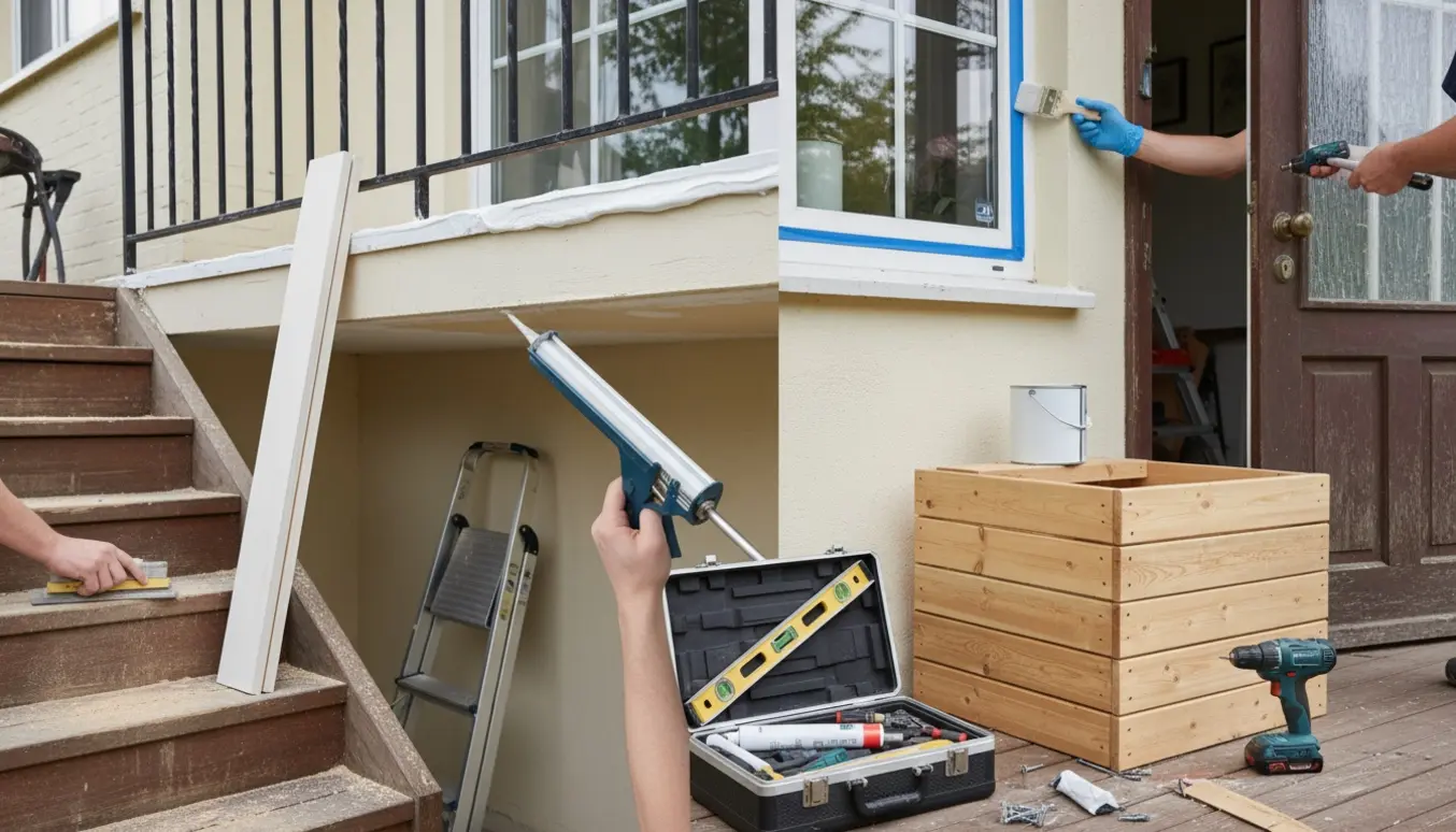 Hænder udfører husreparationer ved indgang: fuge altan, male loft og vindue, justere havedør, bygge varmepumpekasse og reparere trappe.