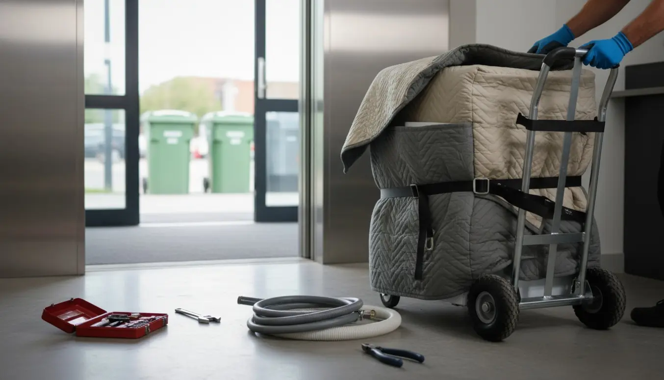 En vaskemaskine på en flyttevogn i opgangen ved en åben elevator, med afmonterede slanger og værktøj klar til transport til genbrugspladsen.
